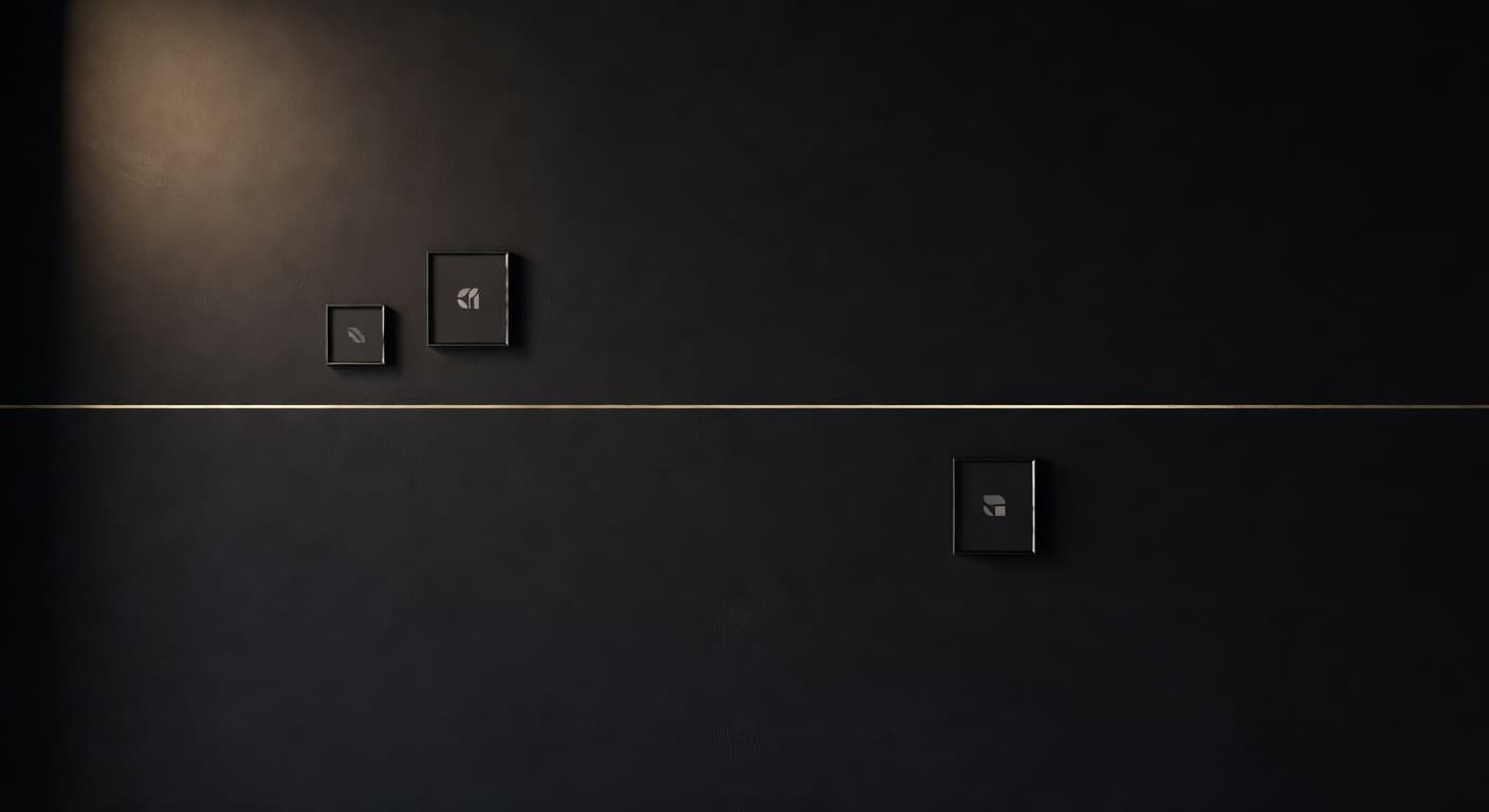 Dark editorial studio wall with framed logo concepts